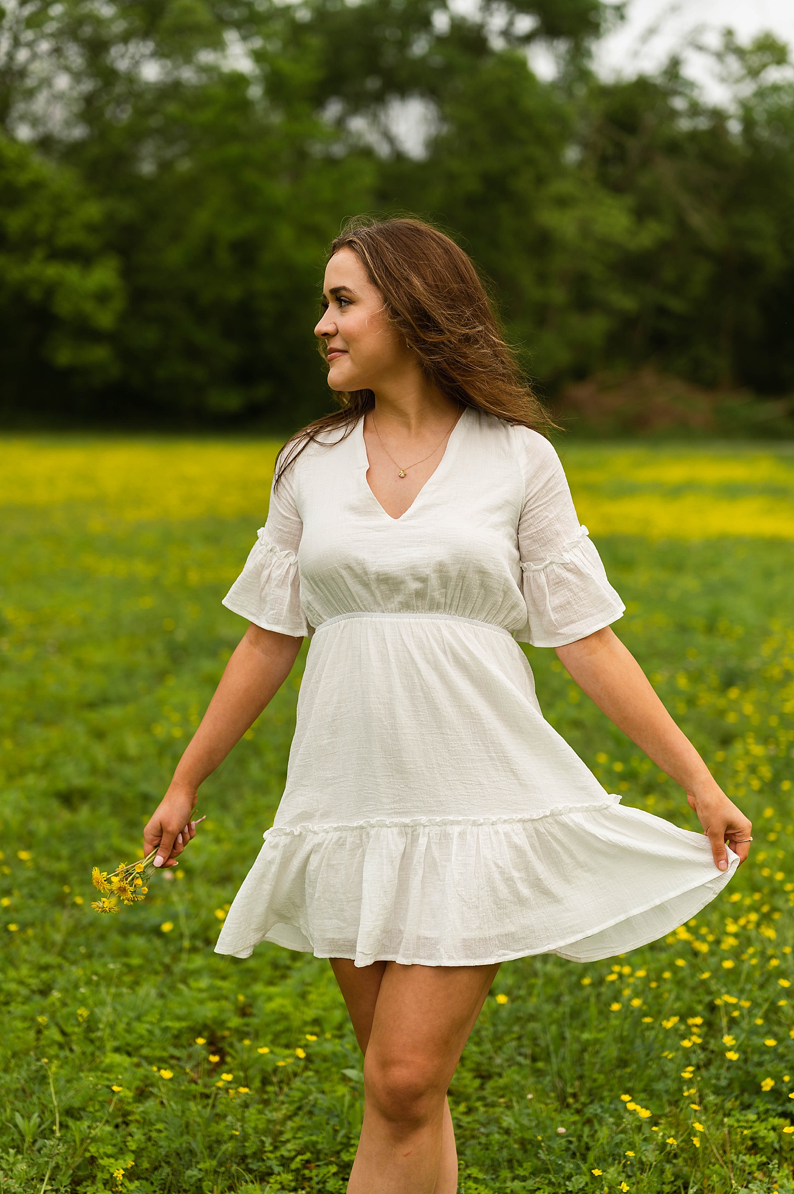 Woman in white dress in field for Spring Flowers portraits
