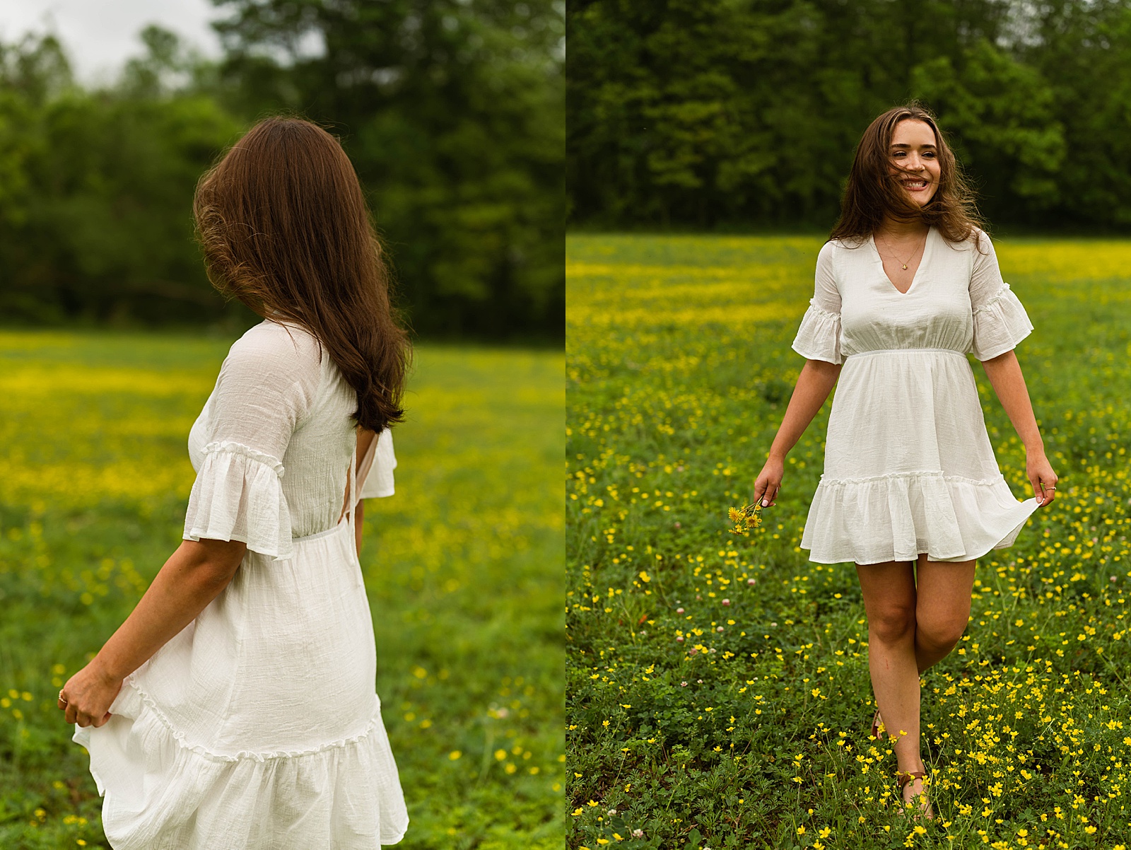 Woman in white dress in field by Virginia senior photographer 