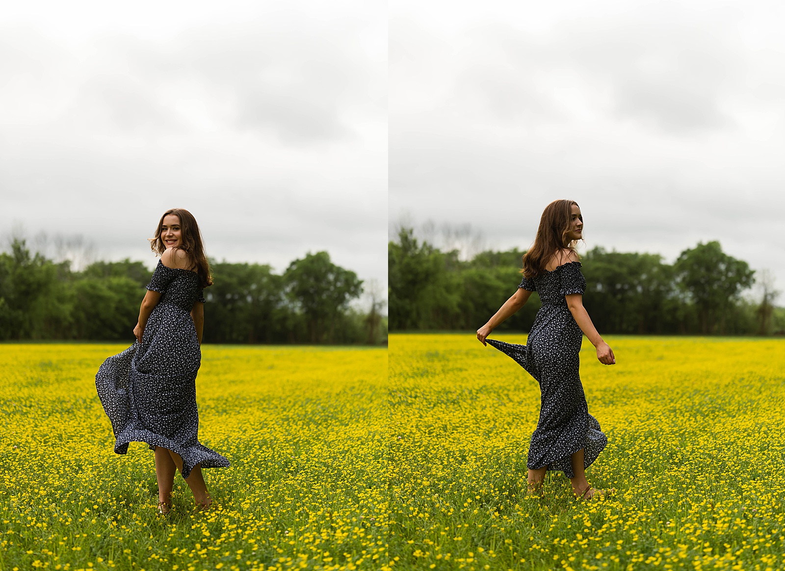 Woman in navy dress dancing in yellow blossoms by Virginia senior photographer 
