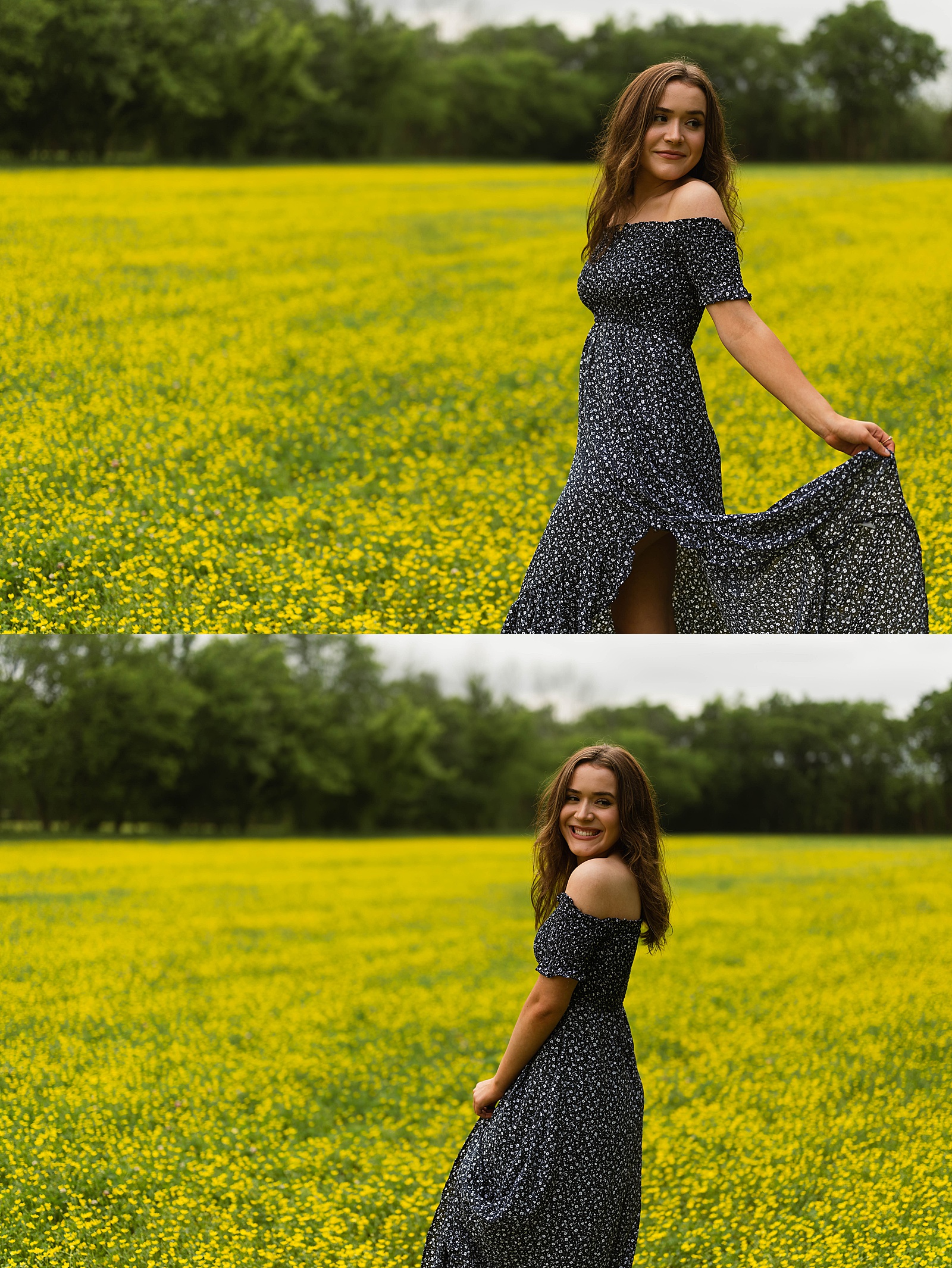 Brunette woman dancing in yellow blossoms for Spring Flowers portraits