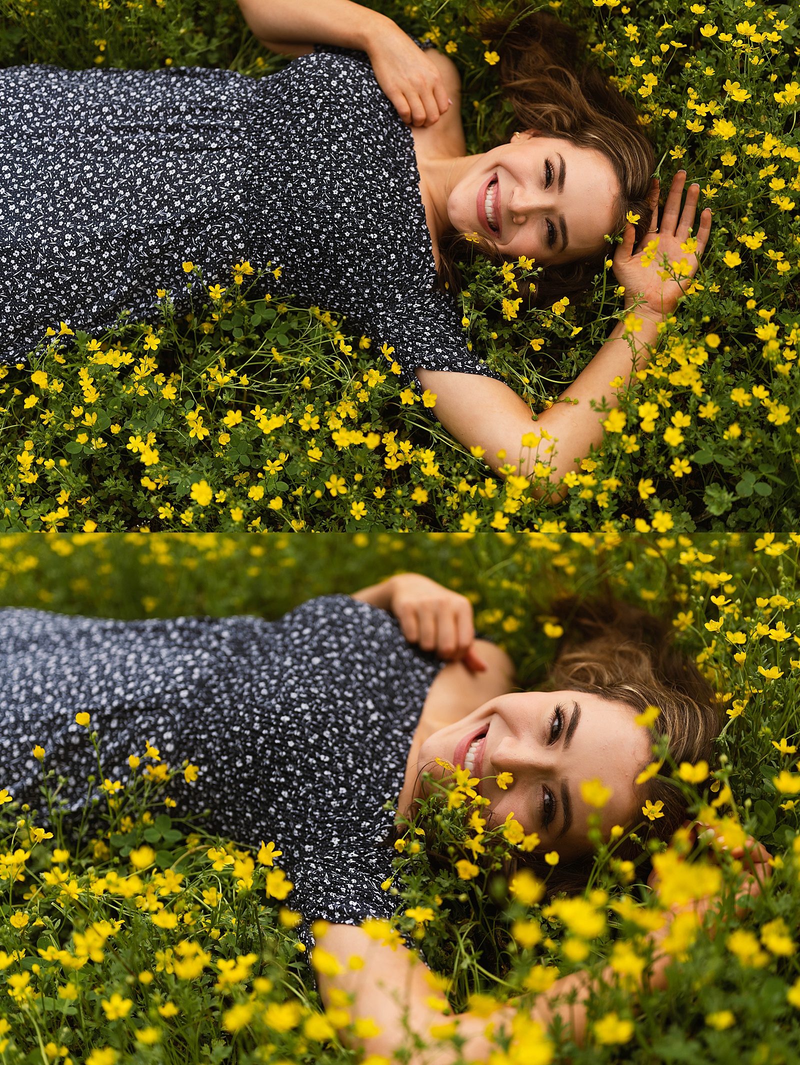 Woman lying in yellow flowers by Hannah Louise Photography 