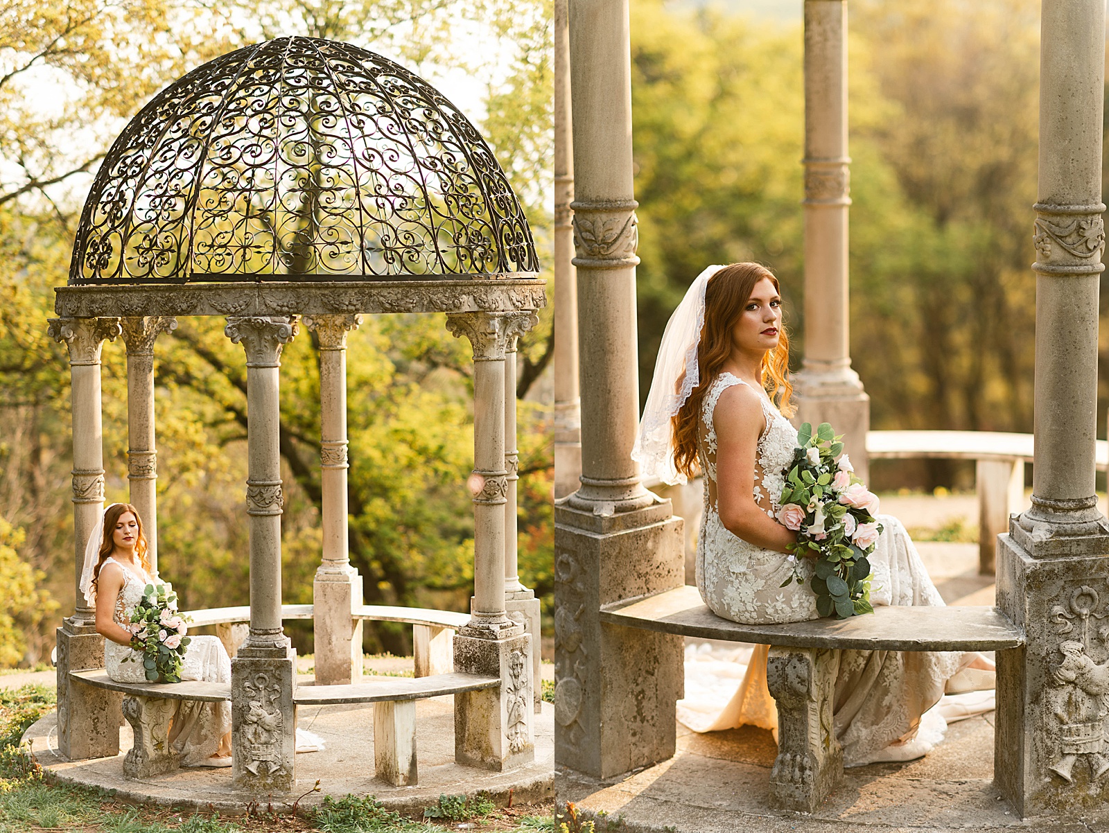 Woman in lace gown sitting in gazebo by Richmond Elopement Photographer