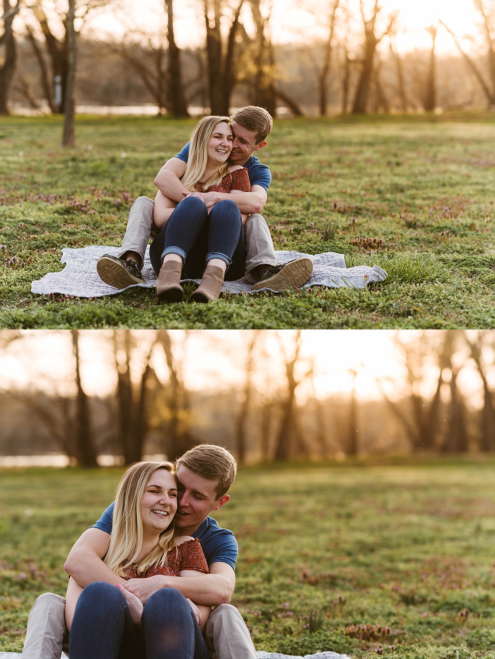 Couple wrapped up and giggling in a park by Richmond Portrait Photographer