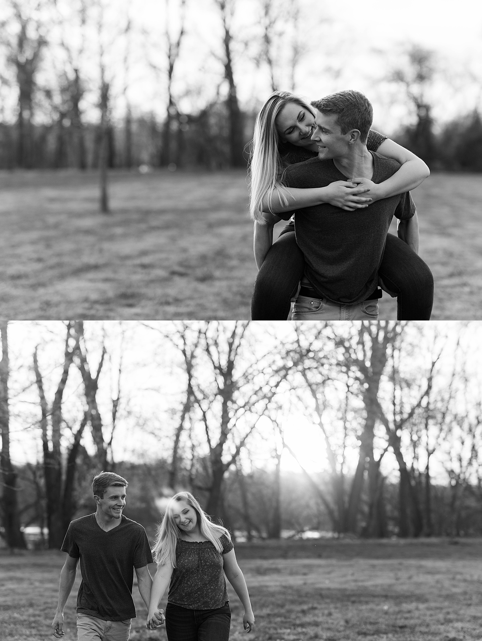 Couple laughing and running in a park by Richmond Portrait Photographer