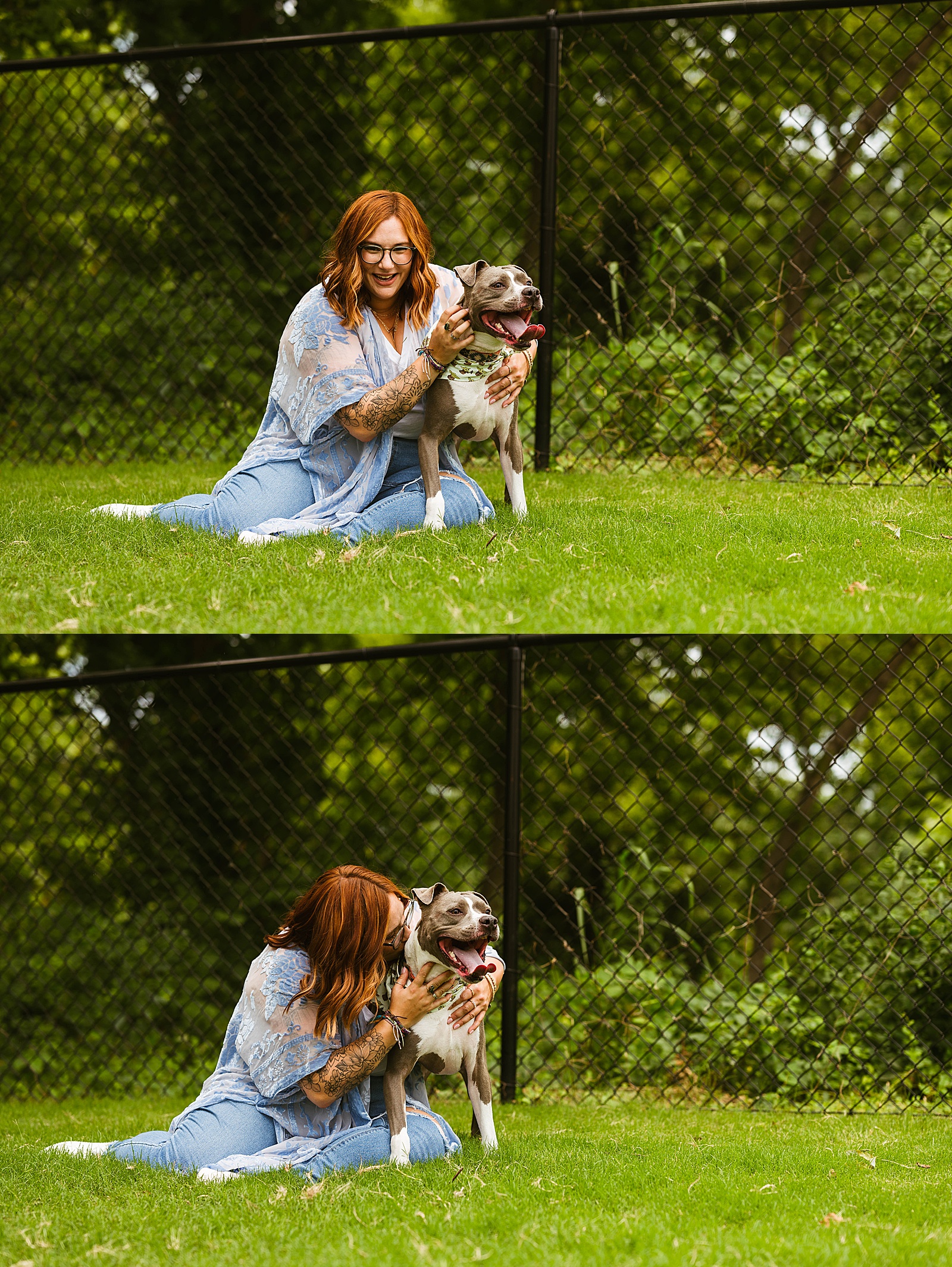 Redhead in blue playing with dogs photo shoot with pups