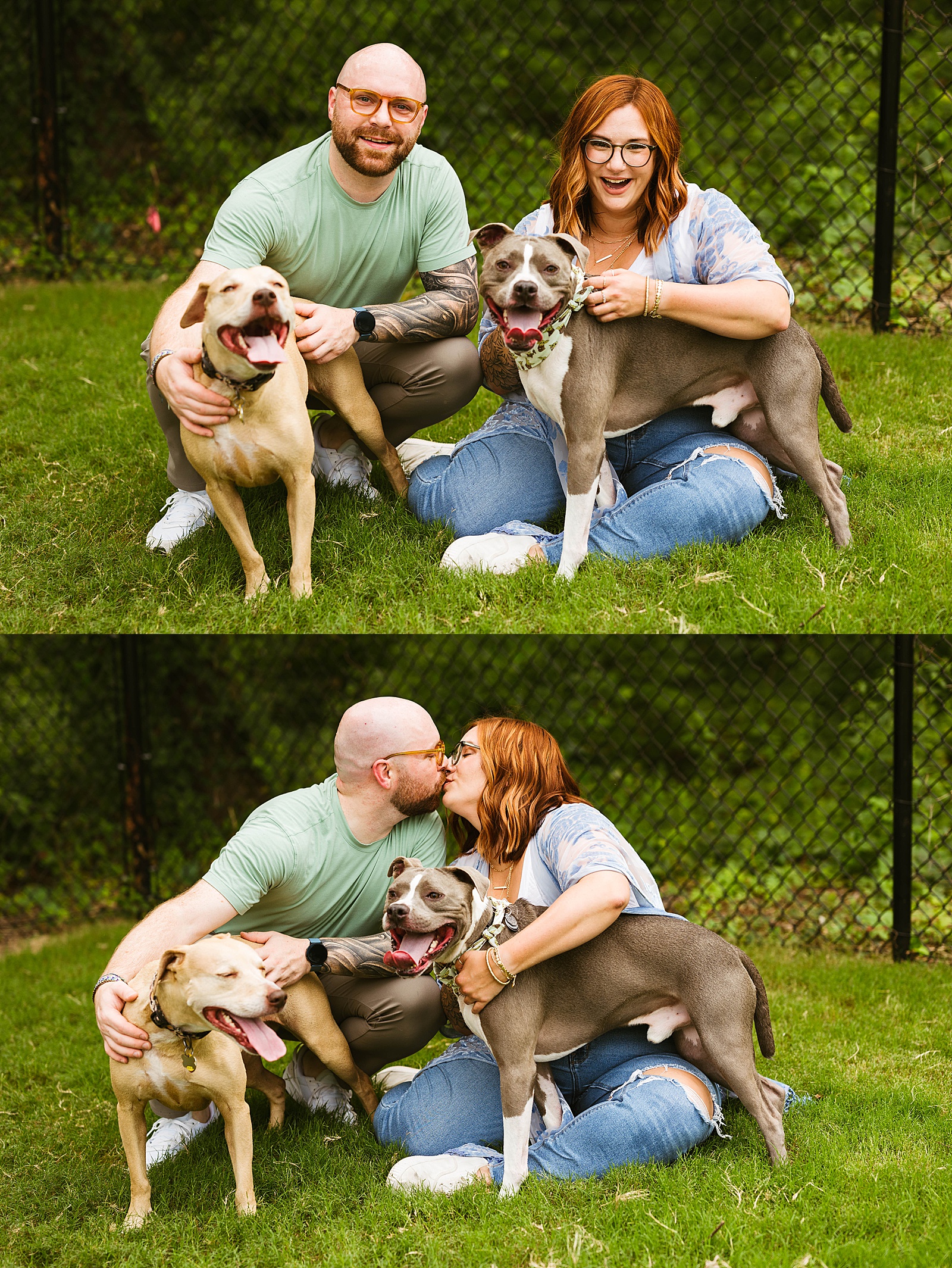 Redhead and bald couple with dogs by Richmond Portrait Photographer