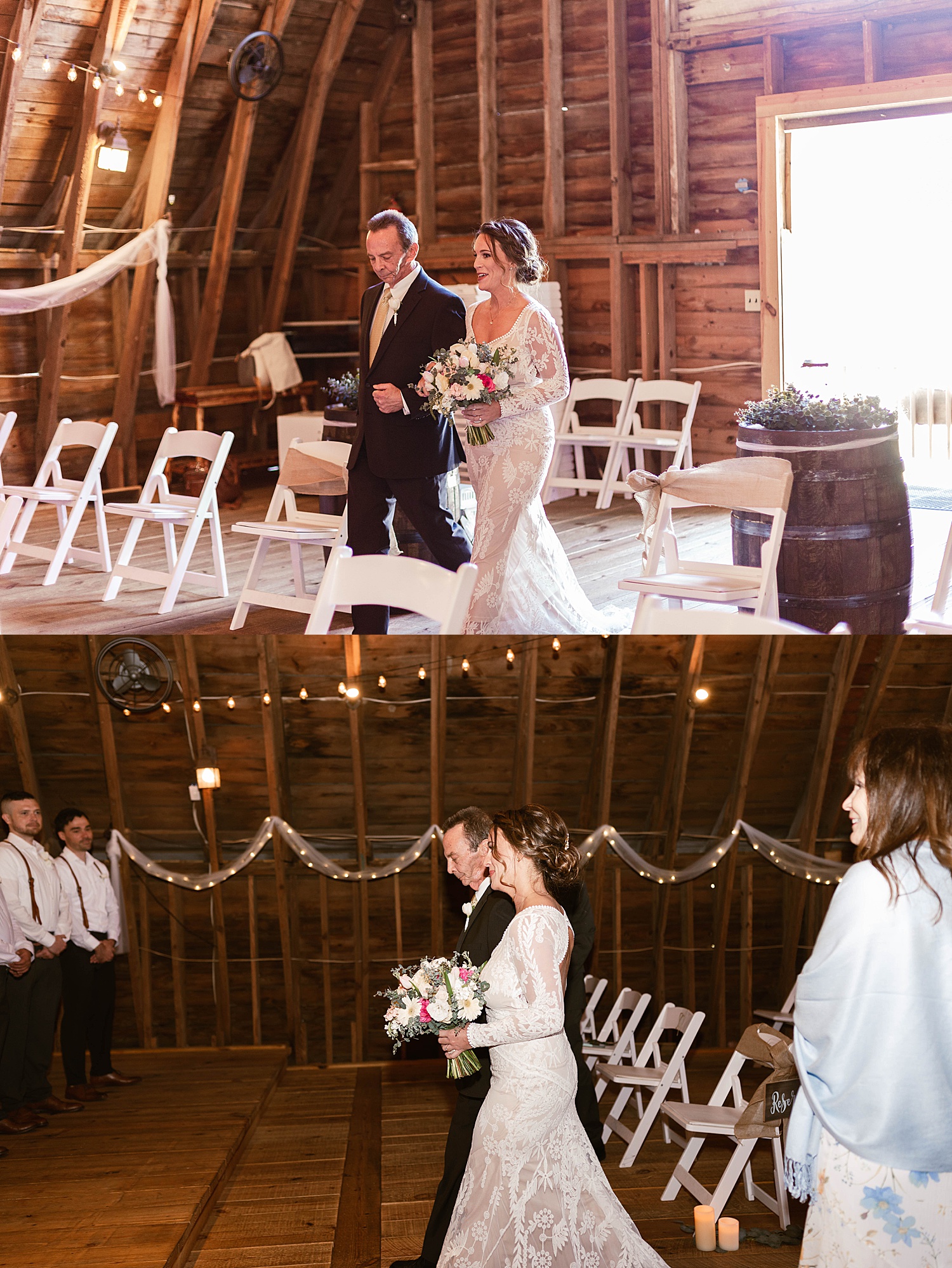 Bride entering barn ceremony by Virginia Wedding Photographer 