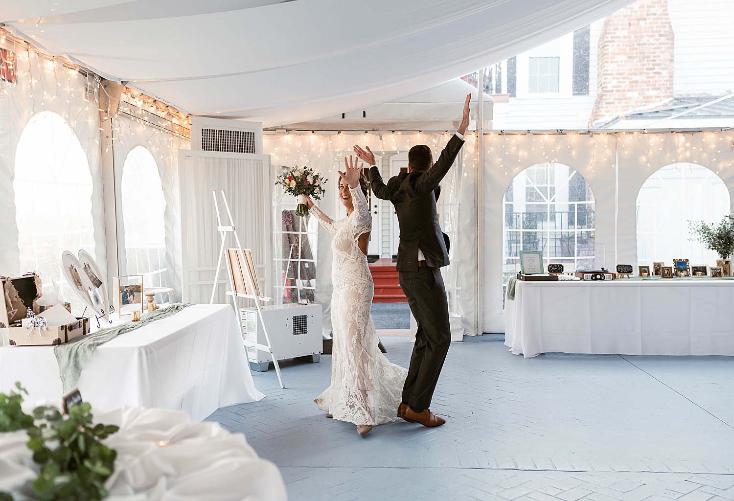 Newlyweds dancing into their reception at Amber Grove