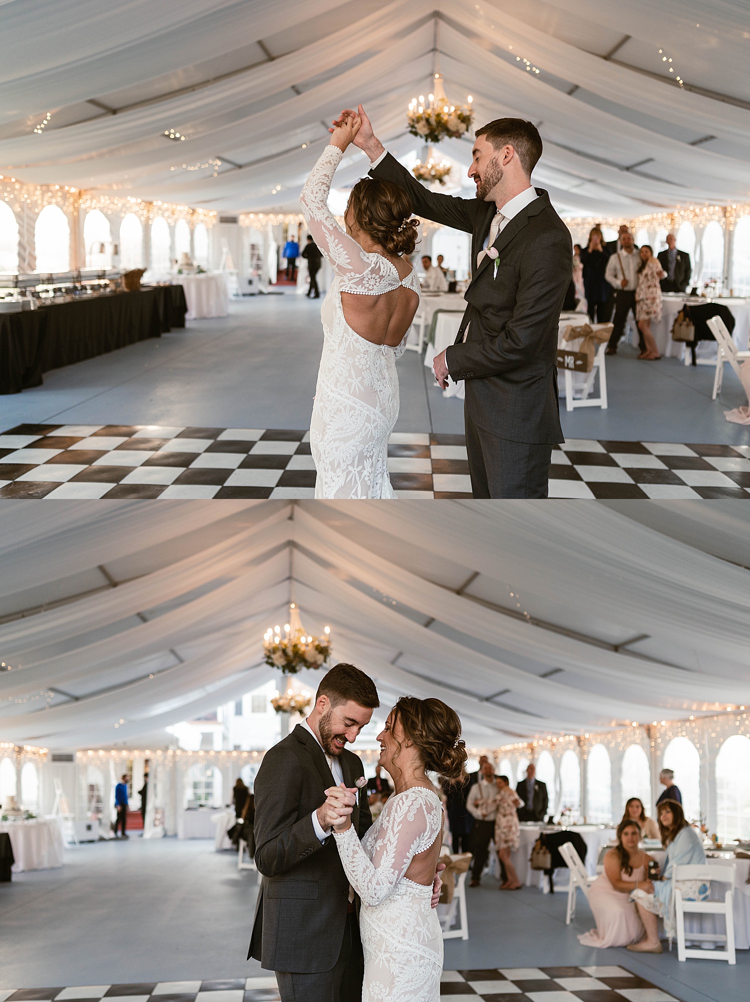 Newlyweds dancing on checkered reception floor at Amber Grove 