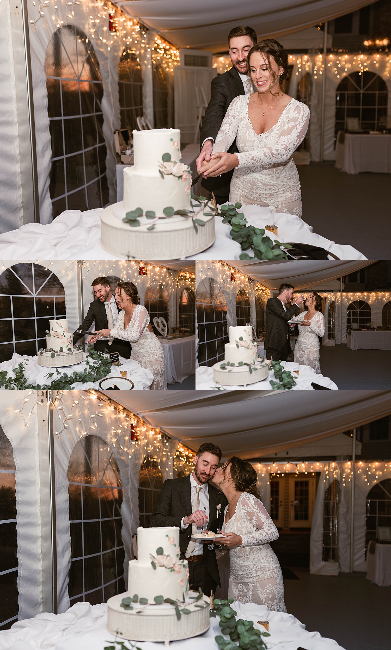 Newlyweds cutting cake and feeding to each other by Virginia Wedding Photographer 