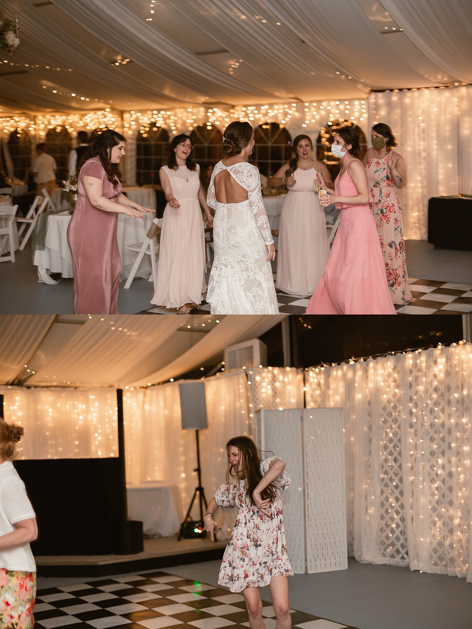 Bride dancing with guests under tent reception at Amber Grove