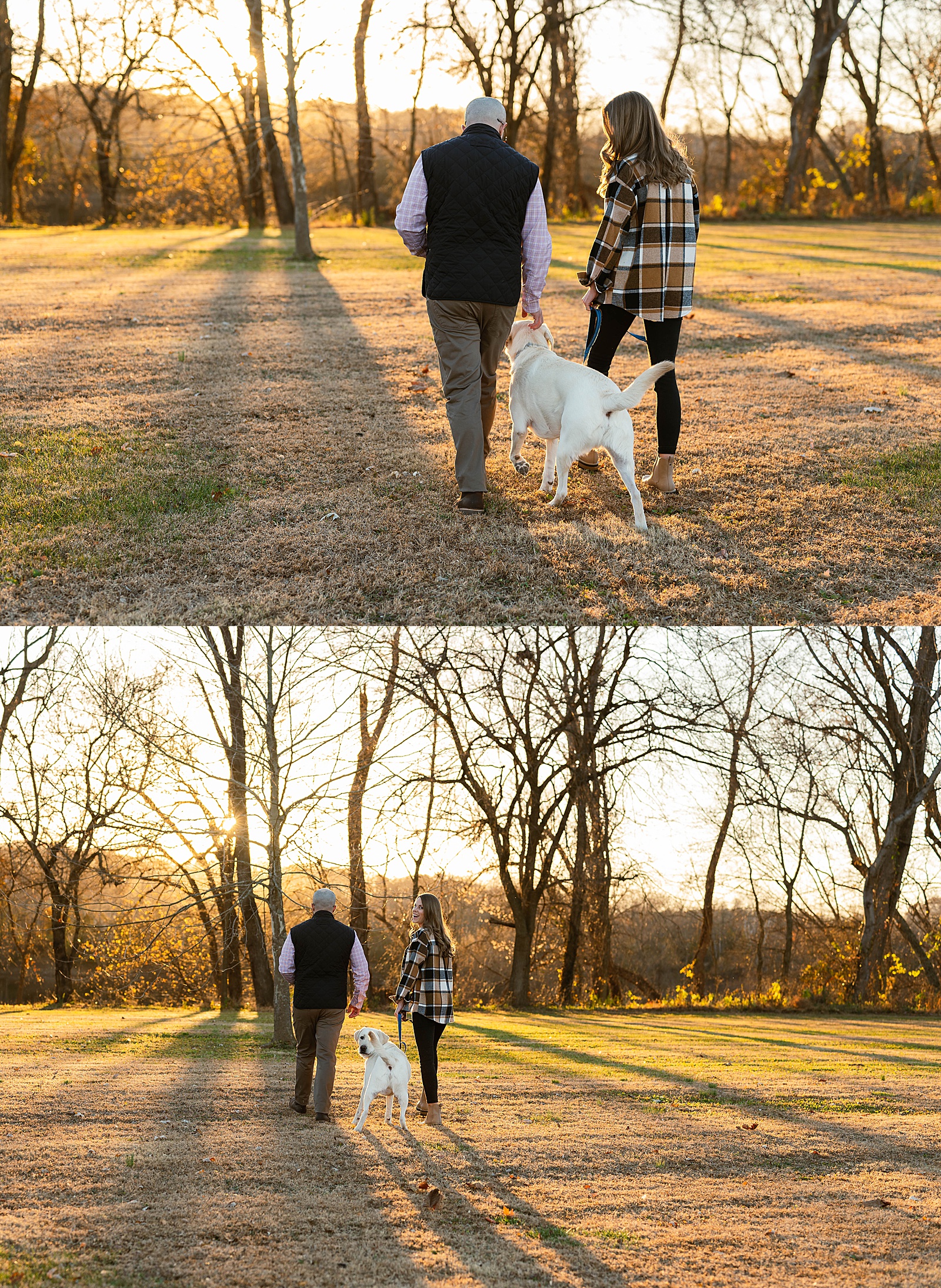 man and woman walking their dog in park for holiday photos