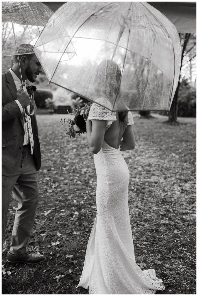 bride and groom with umbrellas at Intimate Tuckahoe Wedding 