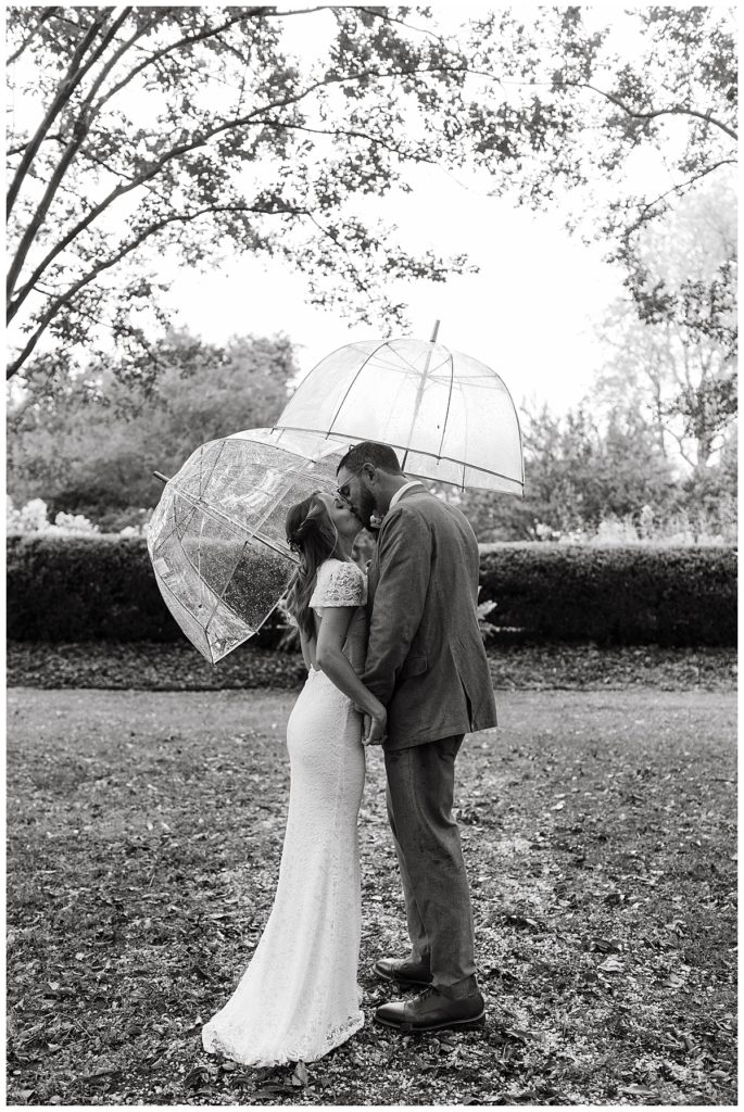 bride and groom kissing under umbrellas at Intimate Tuckahoe Wedding 
