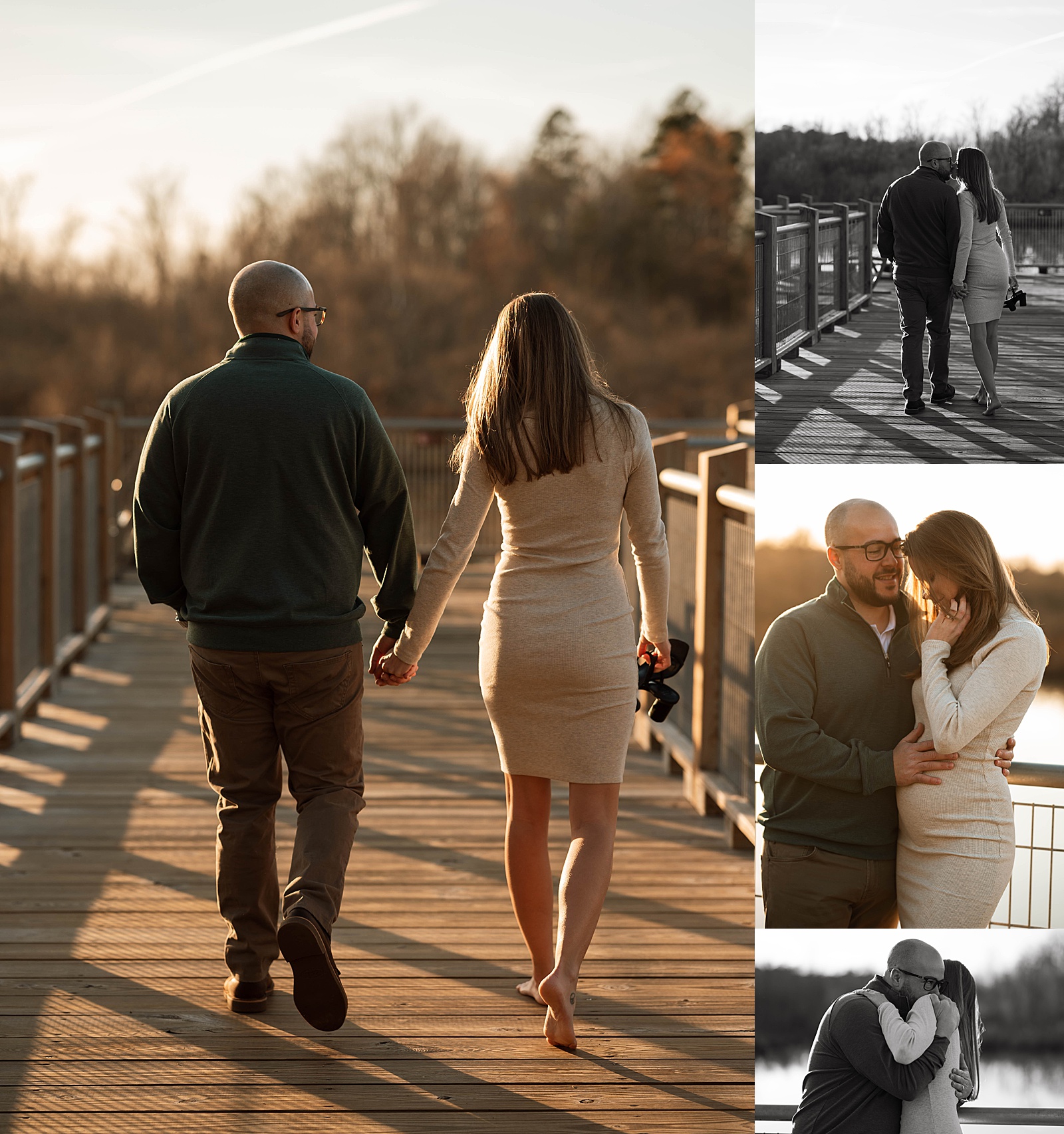 Couple walking on dock in golden hour for session with Richmond portrait photographer 