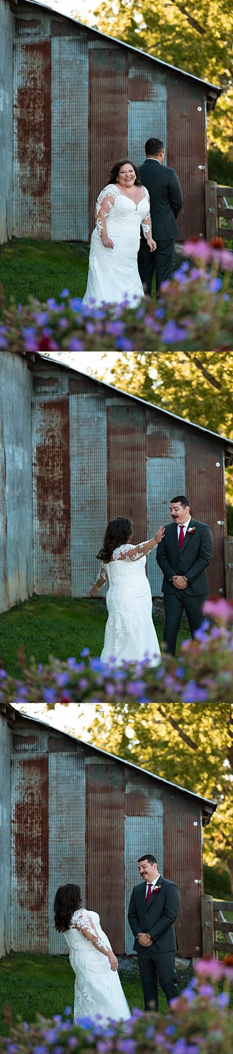 bride taps groom on shoulder to see her for the first time by Hannah Louise Photo