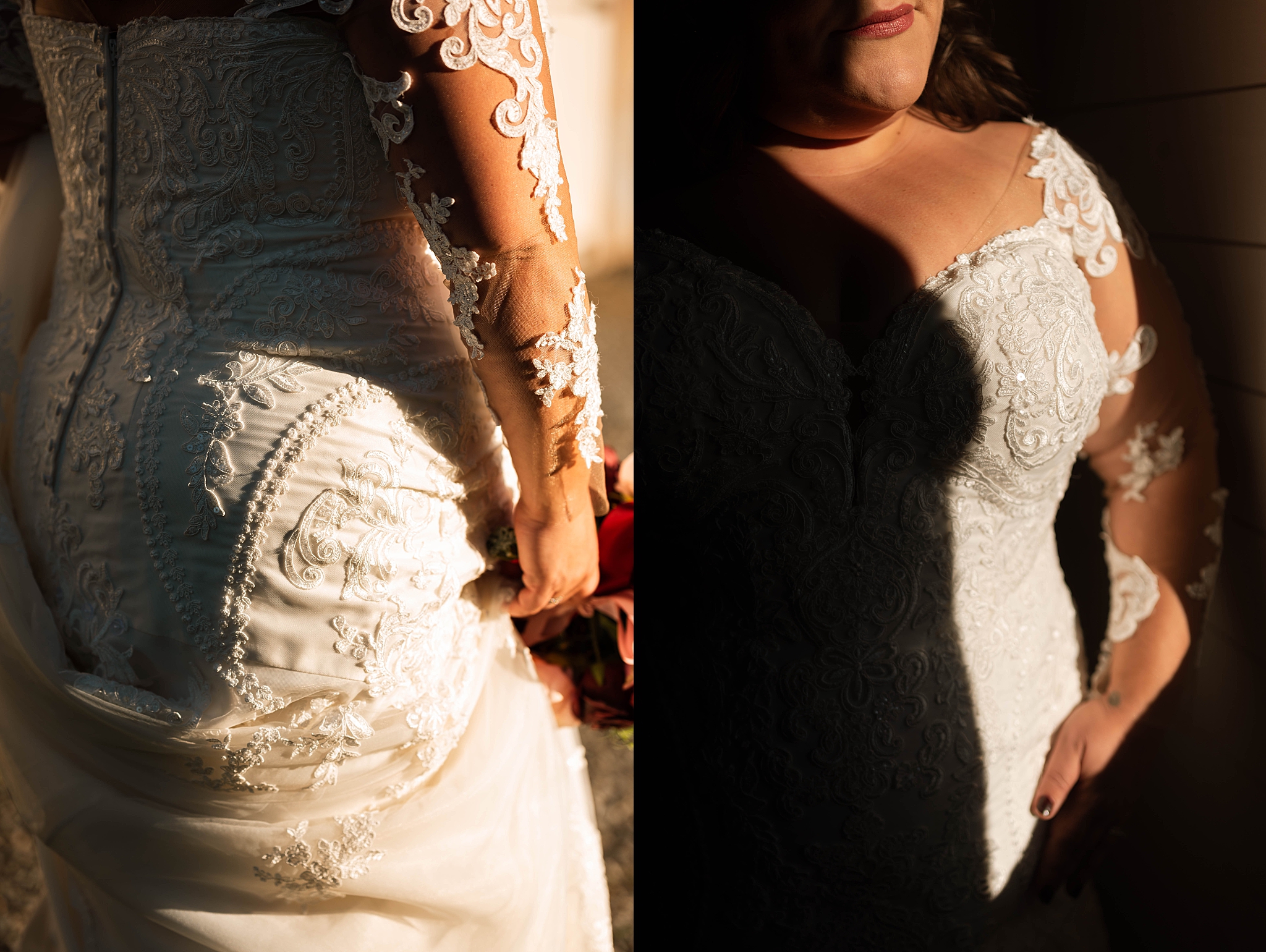 bride shows off details in dramatic lighting by Hannah Louise Photo